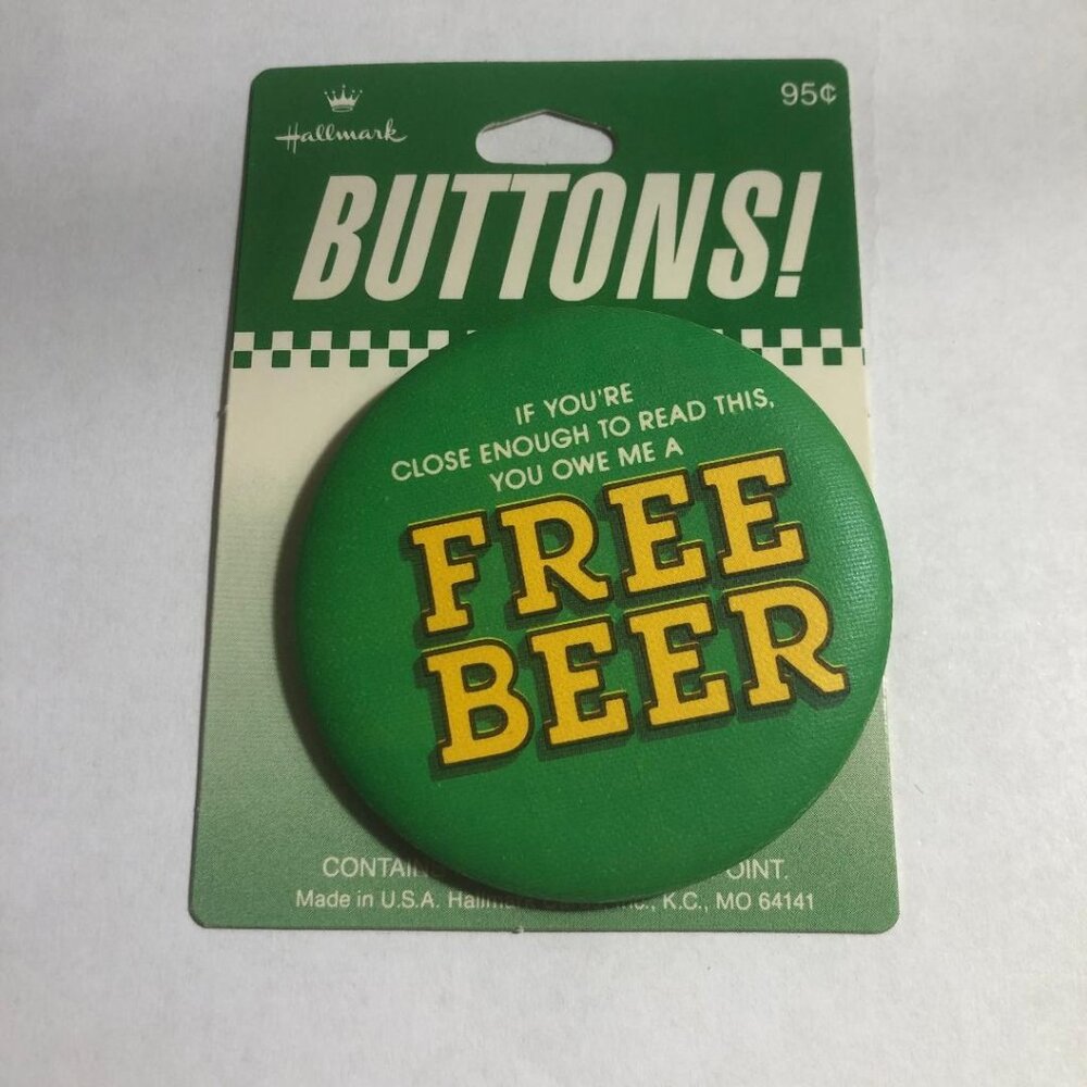 Hallmark 1983 Irish St. Patrick’s Day Free Beer Pin Back Button 80's New Vintage
